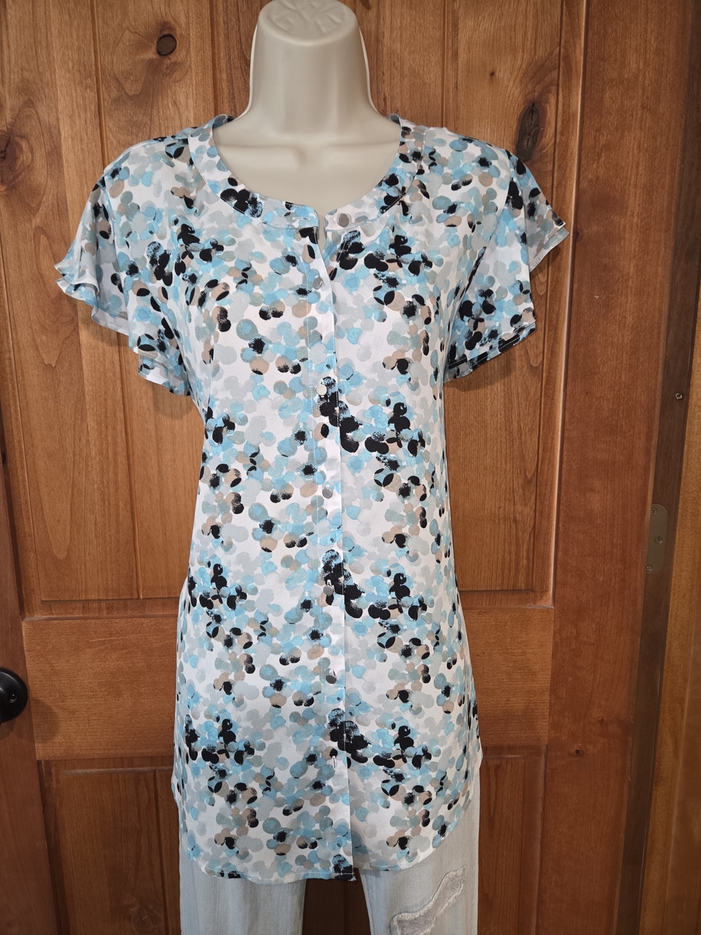 Massini‎ Blue, White & Black Abstract Dot Button-Front Blouse